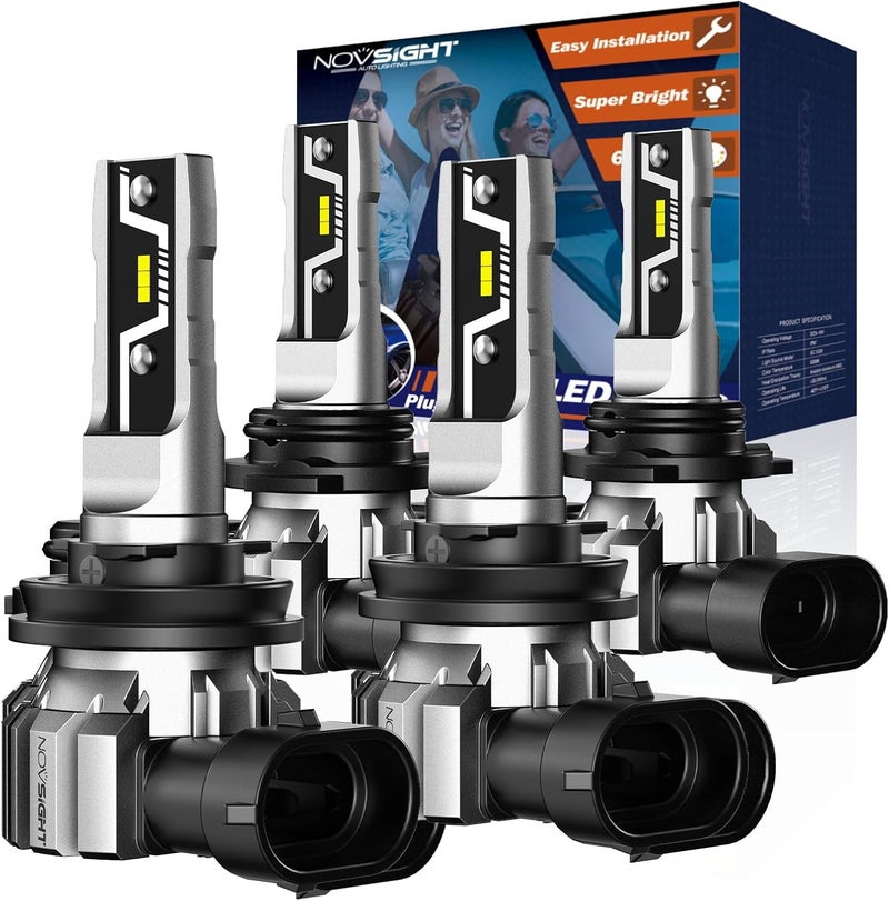 NOVSIGHT مصابيح LED H11 9005 - 500% أكثر سطوعًا 6500K أبيض بارد، بدون مروحة، تصميم 1:1، تركيب سهل خلال 3 دقائق، مصابيح ضباب H8 HB3 للسيارات، عبوة من 4 (سنتين) - Image 1